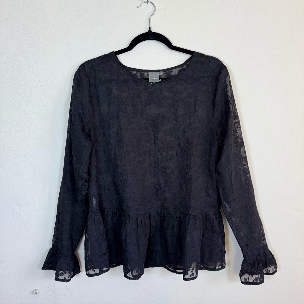 ICHI Lace Embossed Sheer Peplum Gothic Longsleeve Blouse